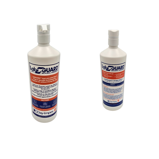 Two bottles of LabGuard antimicrobial hand soap on a white background