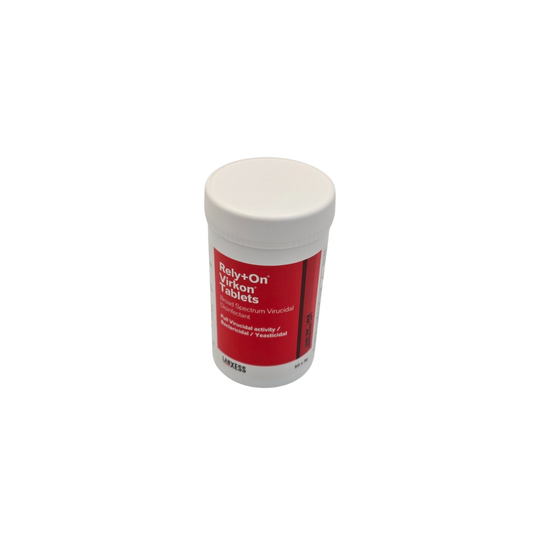 Container of Rely+On Virkon Tablets on a white background