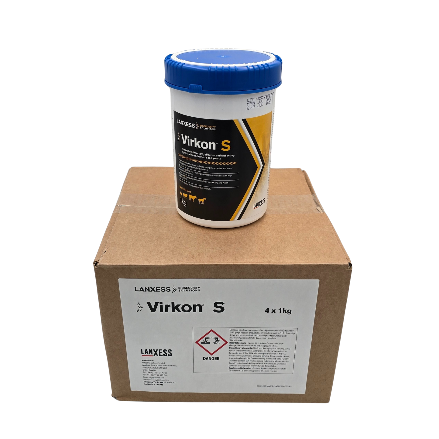Virkon S container on a cardboard box with Lanxess branding