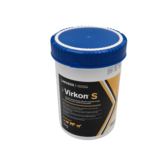 Container of Virkon S with blue lid on a white background
