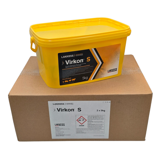 Yellow container of Virkon S on a cardboard box with Lanxess branding.