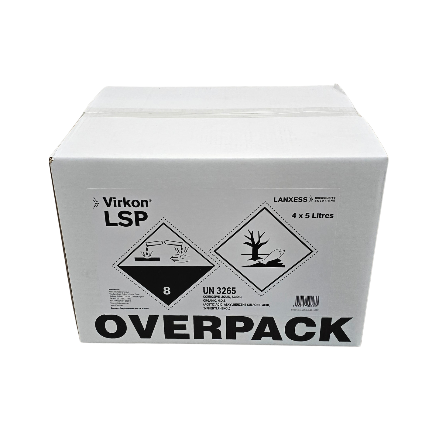 Box of Virkon LSP with hazardous material symbols on a white background