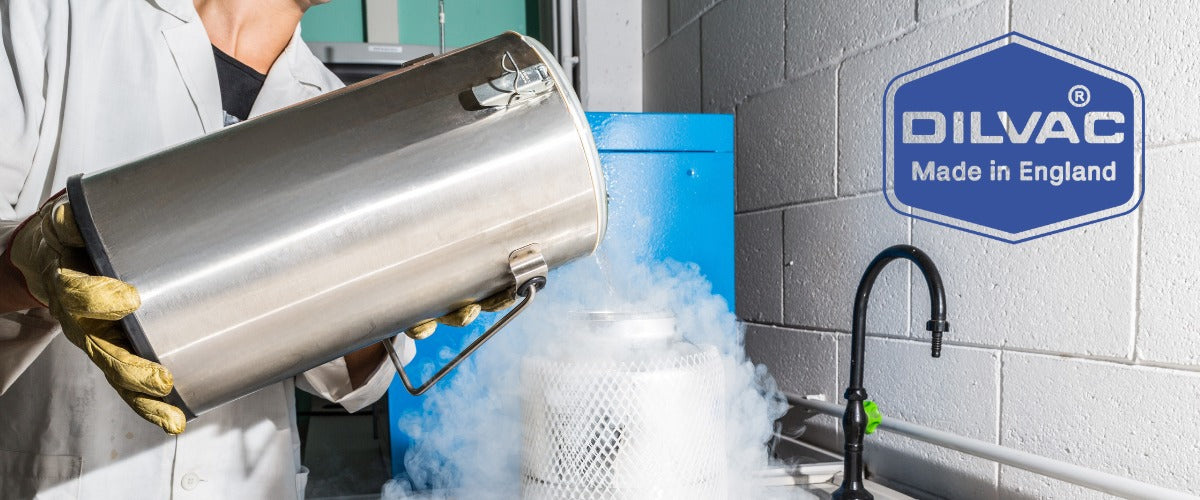 DILVAC Dewar Flask decanting Liquid Nitrogen into Sample Vessel