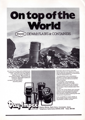 Advertisement for Dilvac Dewar Flasks & Containers with mountain scene and product images. DILVAC Dewar Flasks have been used on Mountain expeditions in the highest ranges of the world. 
