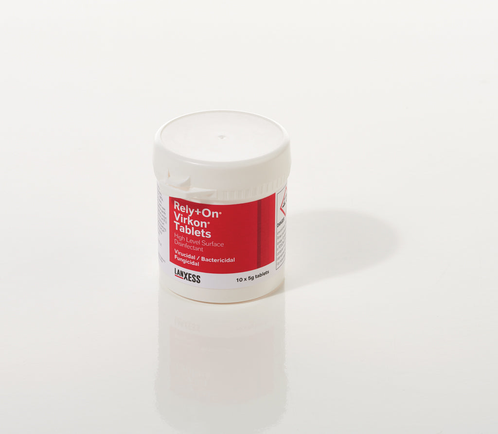 Tub of Rely-On Virkon Tablets on a white background