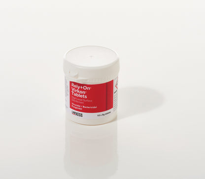 Tub of Rely-On Virkon Tablets on a white background