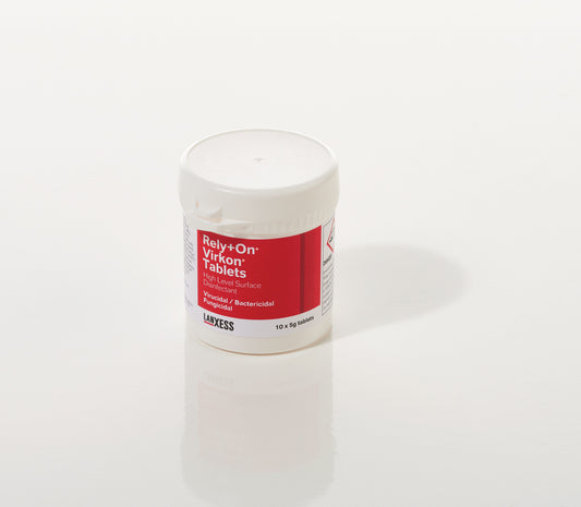 Tub of Rely-On Virkon Tablets on a white background