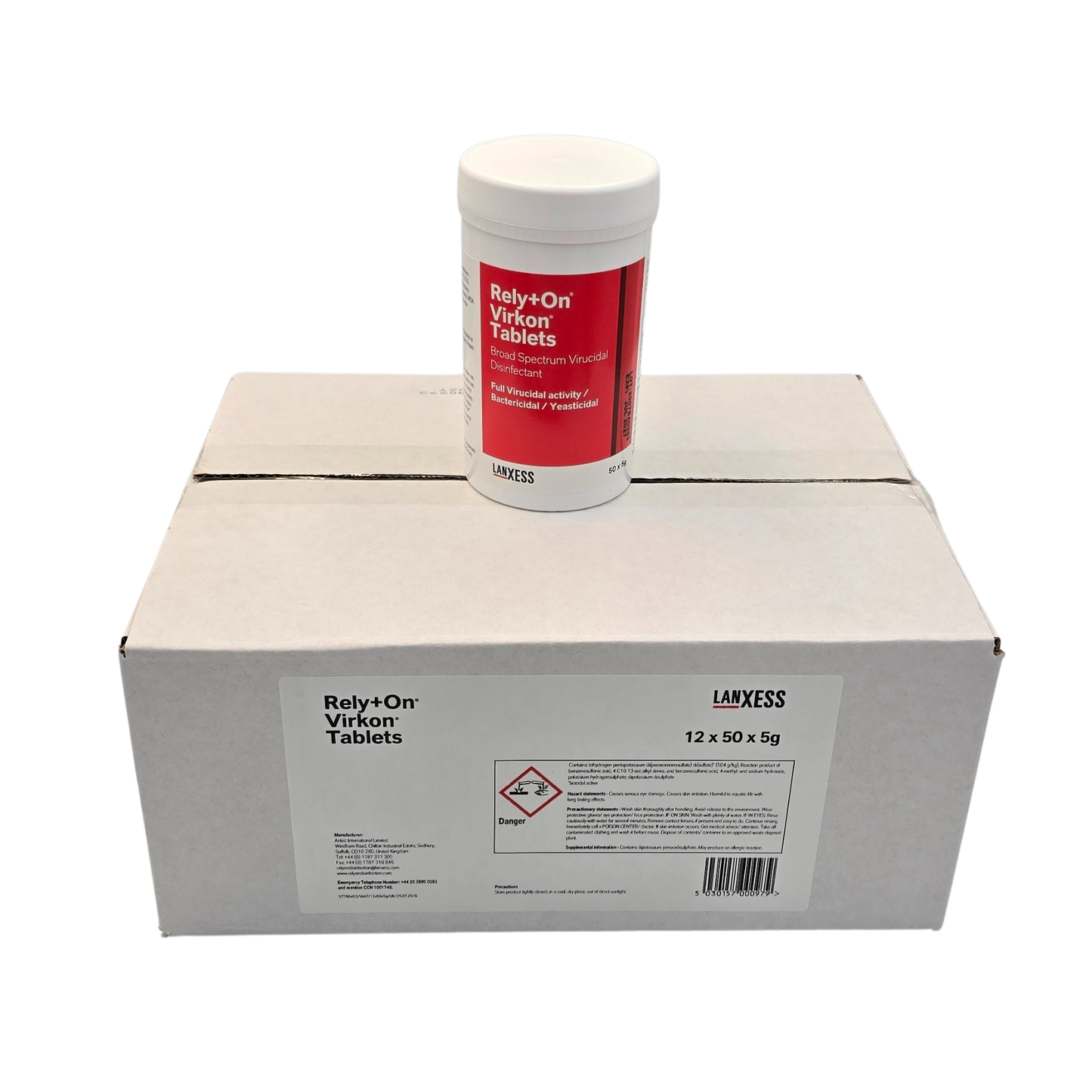 RelyOn Virkon Tablets container on top of a large box with RelyOn branding.