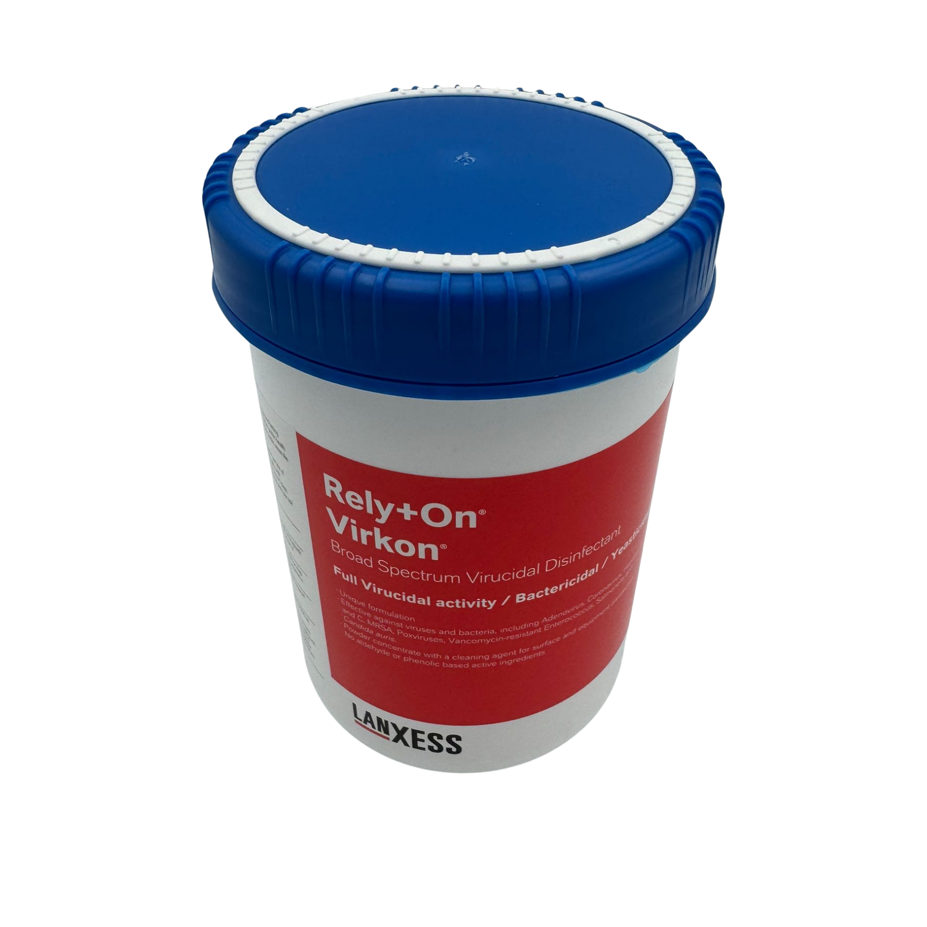 Container of Rely+On Virkon with blue lid and red label