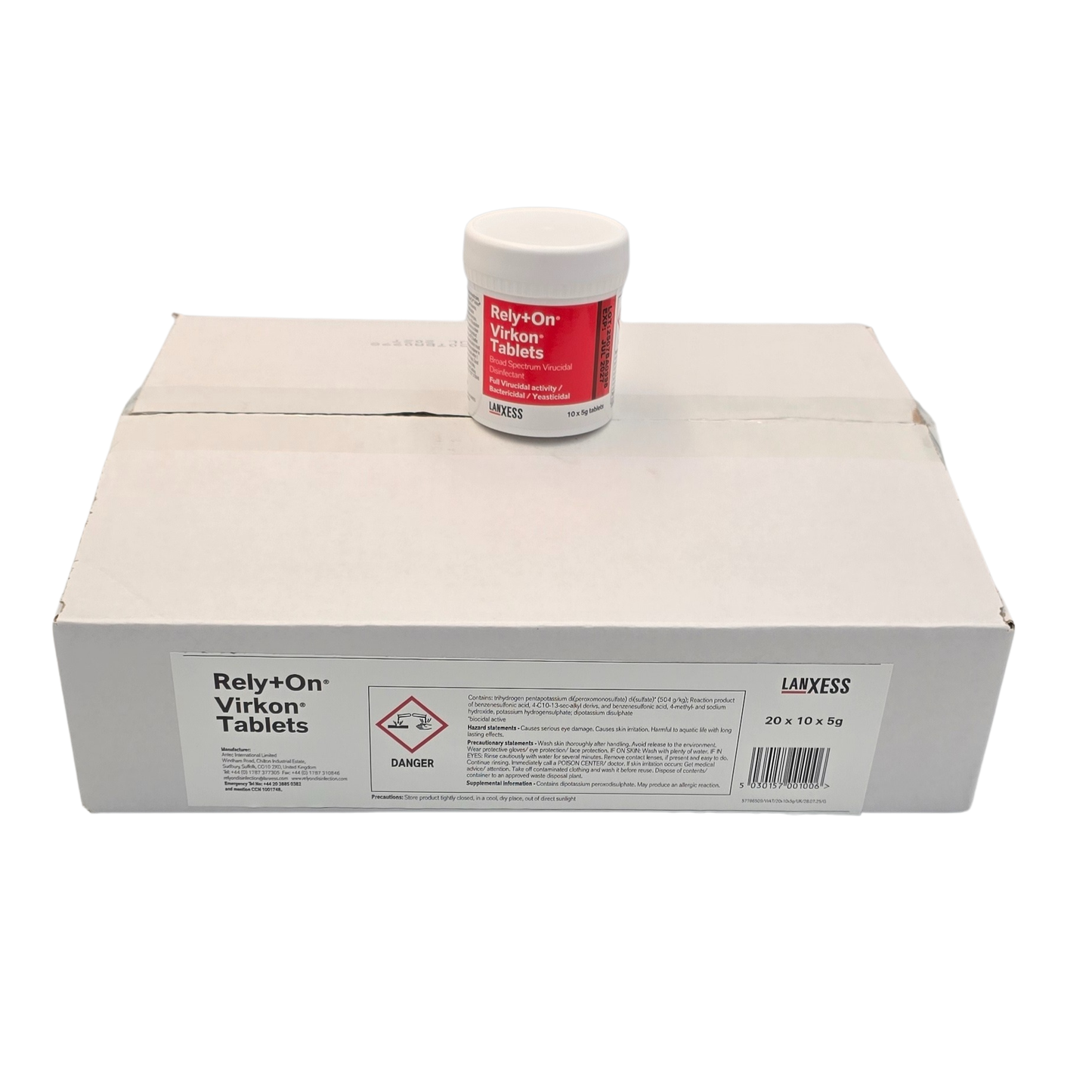 Box of 20x10x5g Rely+On Virkon Tablets with a single tub on top 