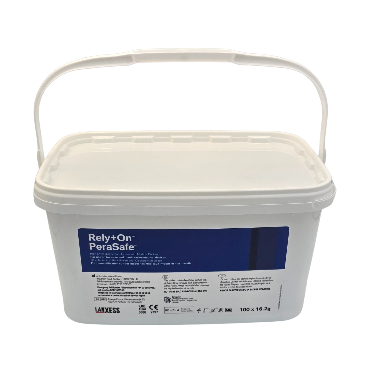 White container with a blue label featuring 'Rely+On PeraSafe' on a white background