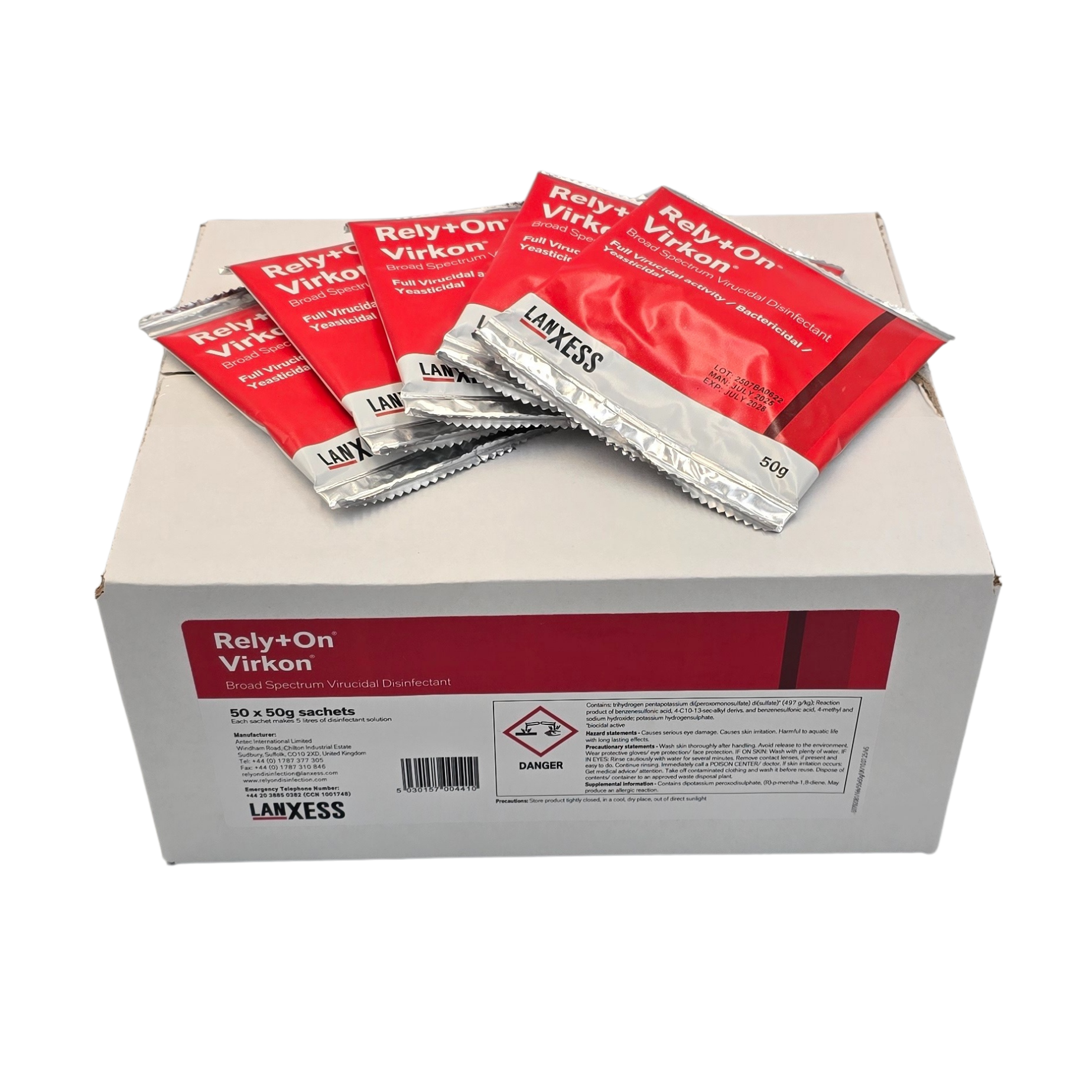 Box of Rely-On Virkon Sachets with red and white packaging on a white background