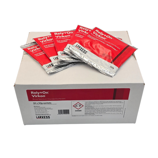 Box of Rely-On Virkon Sachets with red and white packaging on a white background