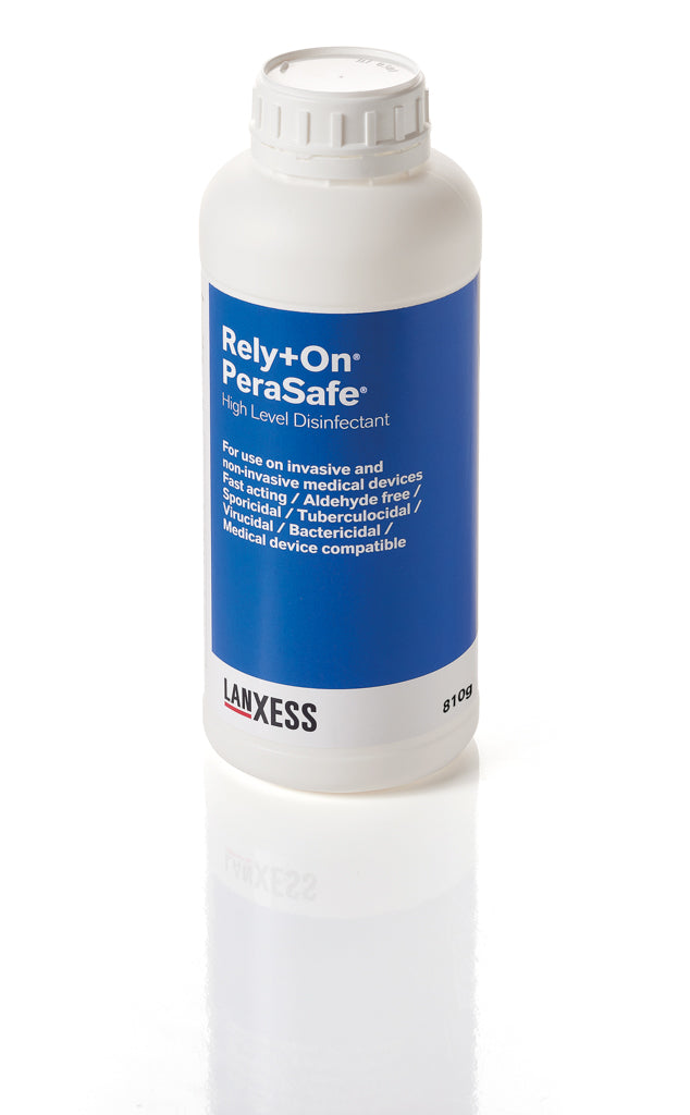 Bottle of Rely+On PeroSafe disinfectant with blue label on a white background