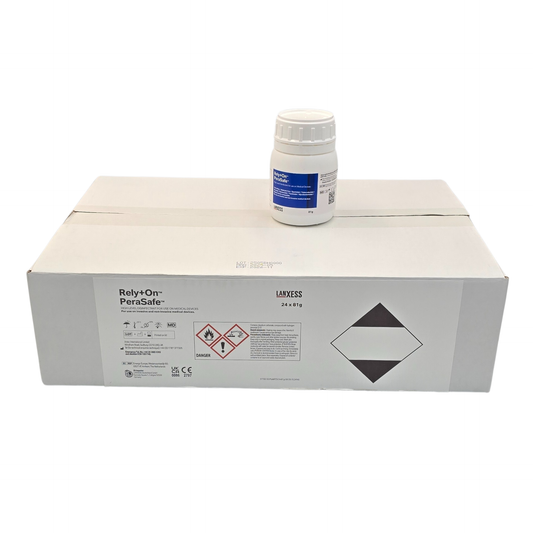 Box labelled 'Rely+On PeraSafe' with a tub on top against a white background