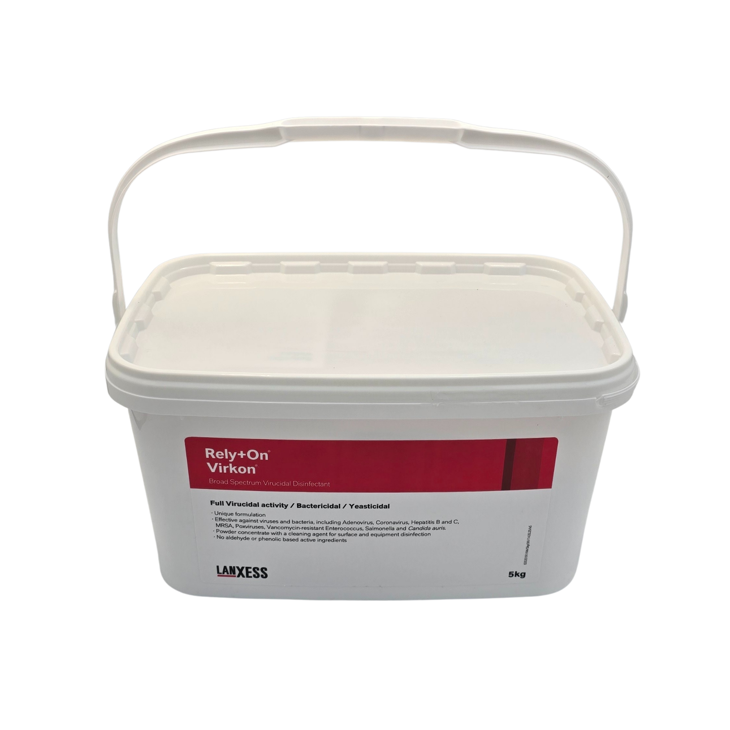 White bucket with red label featuring 'Rely On Virkon' on a white background
