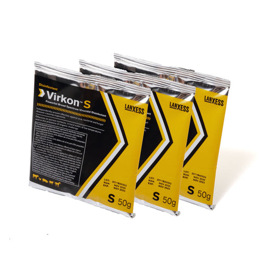 Three packages of Virkon S on a white background