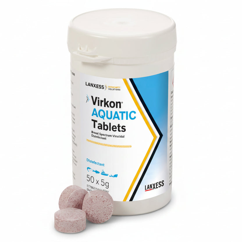 Container of Virkon Aquatic Tablets with Lanxess branding on a white background