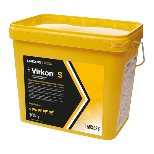 Yellow bucket of Virkon S disinfectant with Lanxess branding on a white background