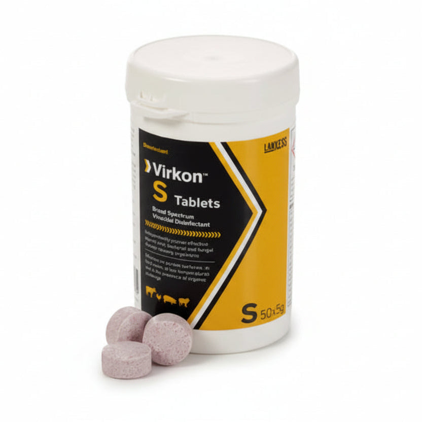 Tub of 50x5g Virkon S Tablets with tablets on a white background