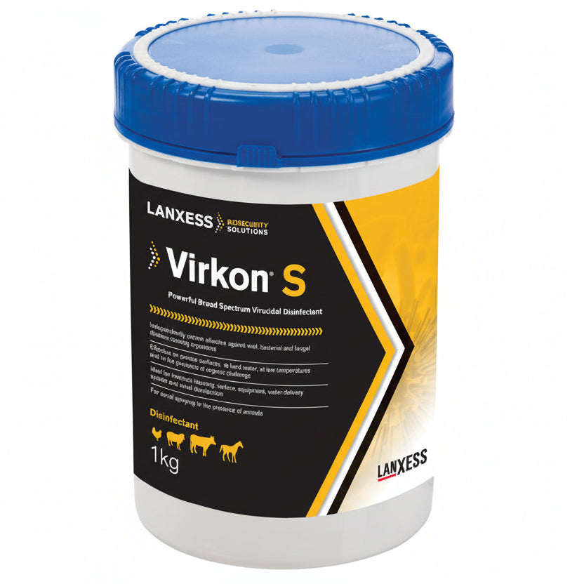 Lanxess Virkon S disinfectant container with blue lid on a white background
