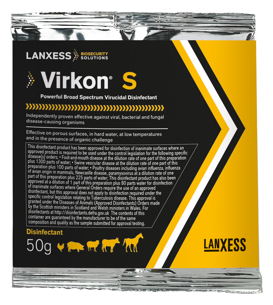 Packaging of Virkon S disinfectant by Lanxess on a white background