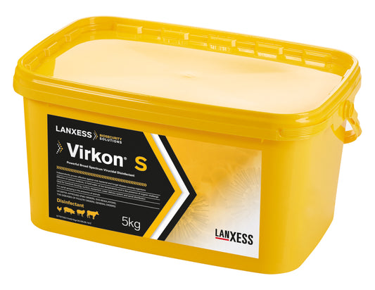 Yellow pail of Lanxess Virkon S on a white background