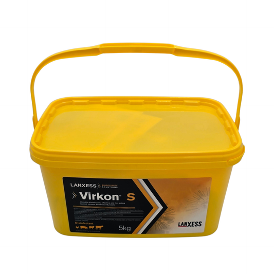 Yellow container of Virkon S with Lanxess branding on a white background