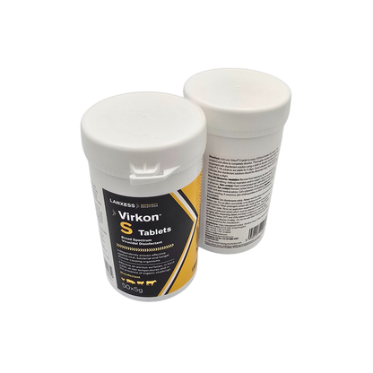 Two containers of Virkon S Tablets on a white background