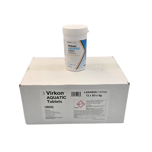 Virkon Aquatic tablets container on a box with visible branding