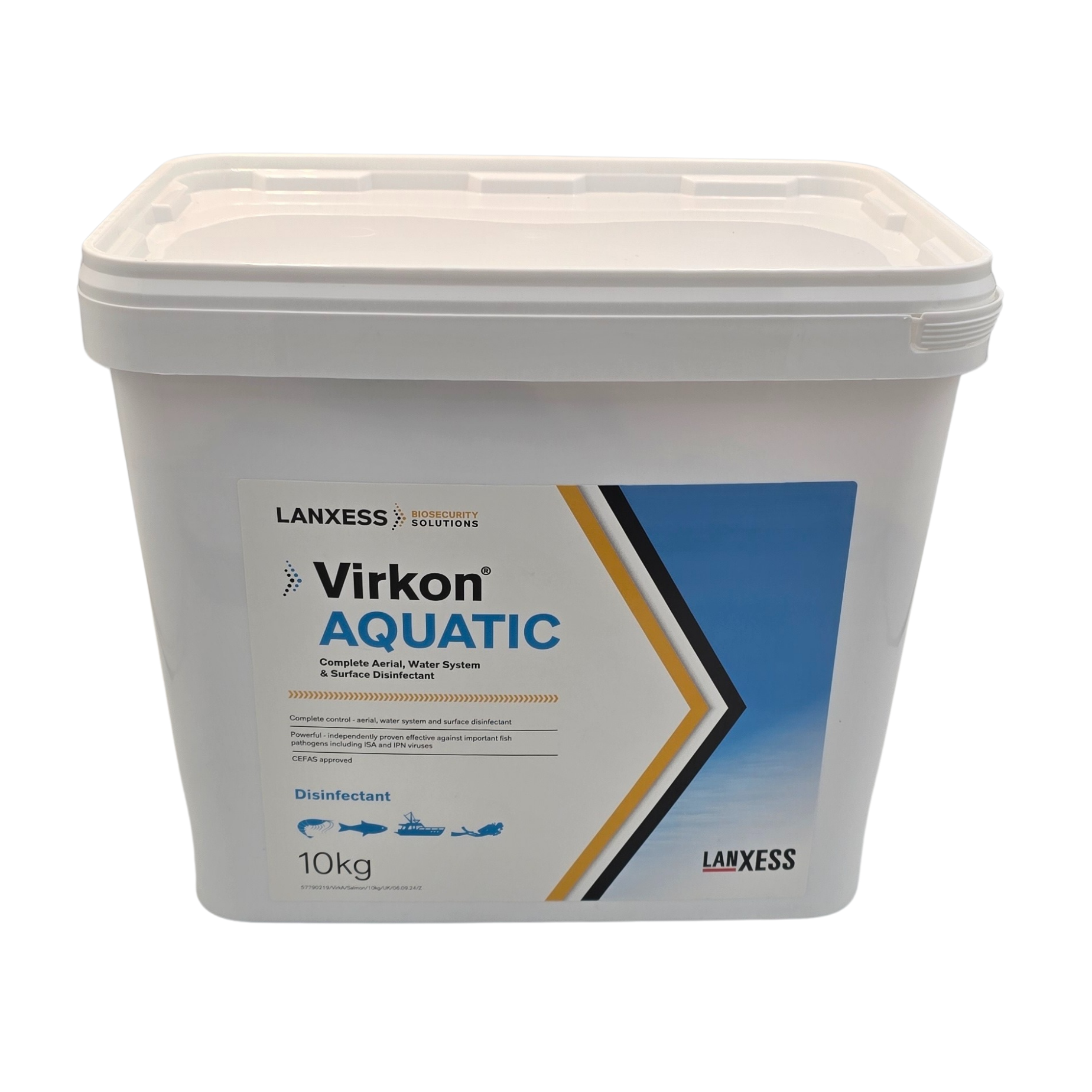 White bucket of Virkon Aquatic disinfectant with Lanxess branding on a white background
