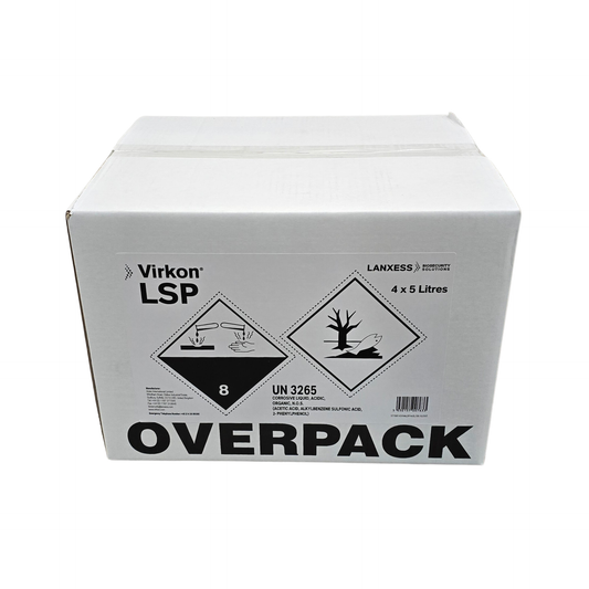 Box of Virkon LSP with hazardous material symbols on a white background