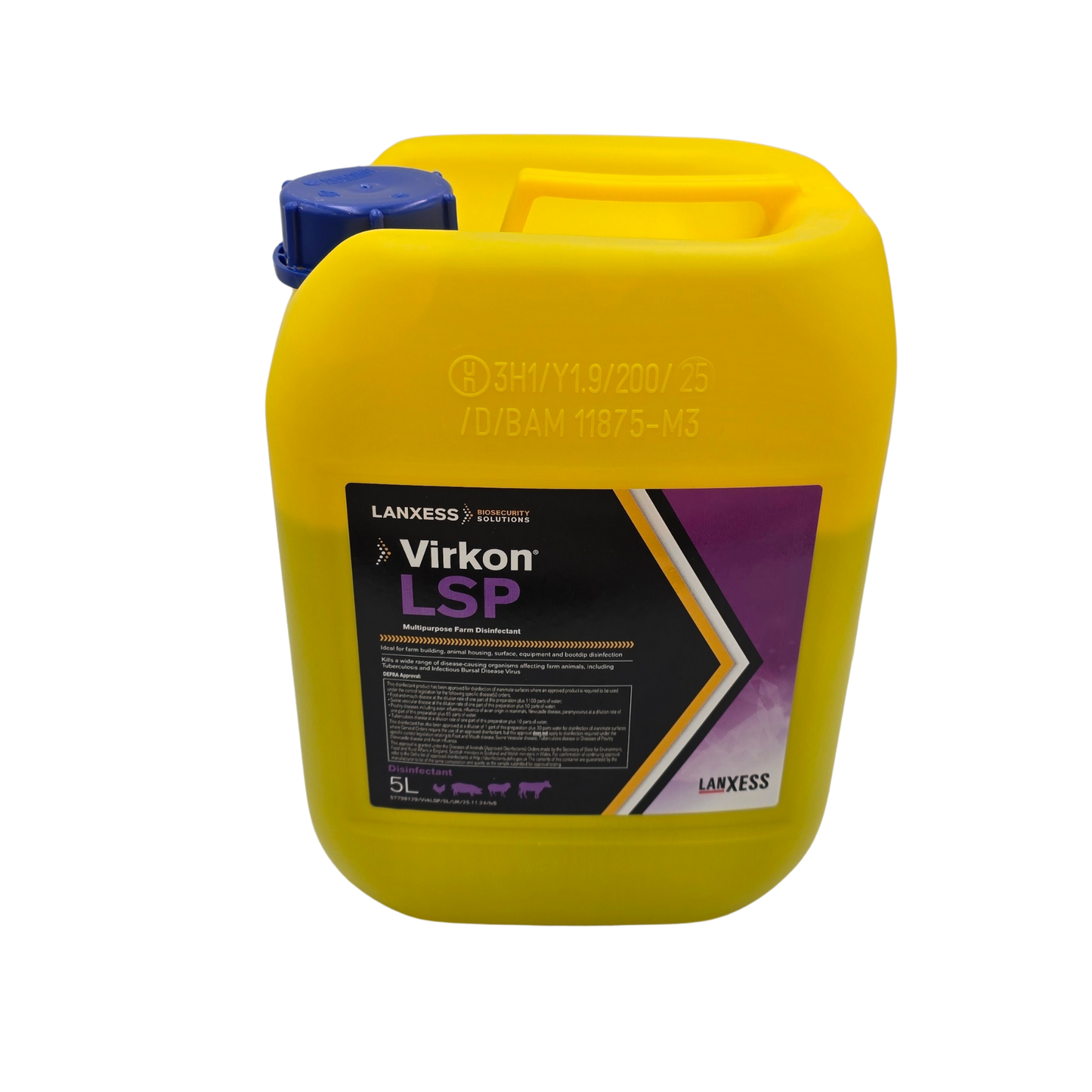 Yellow container of Virkon LSP with blue cap on a white background