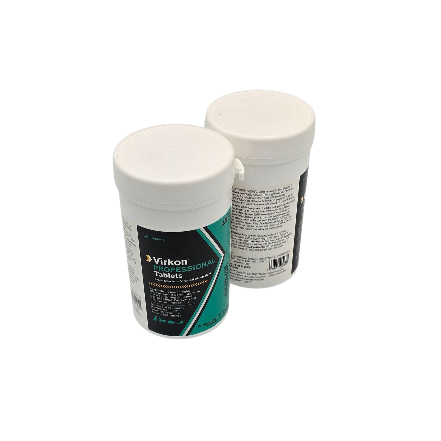 Two containers of Virkon Professional Tablets on a white background